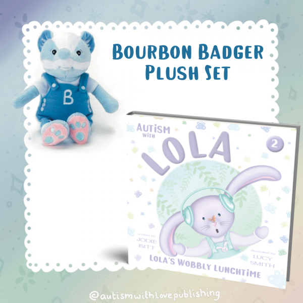 Image of Bourbon Badger Plush and Lola's Wobbly Lunchtime on a colourful pastel background